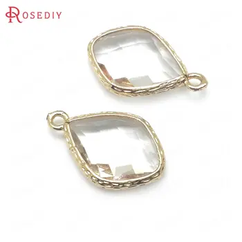 

(36408)10PCS 22x14MM 24K Champagne Gold Color Brass with White Glass Faceted Rhombus Shape Charms Pendants High Quality Findings