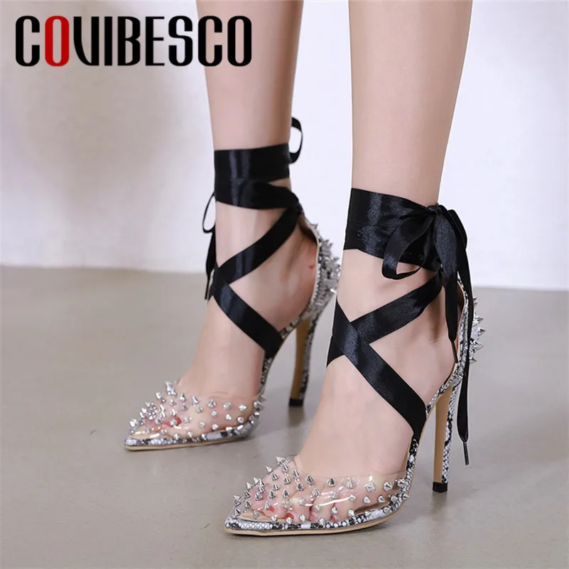 

COVIBESCO New Fashion Punk Pointed Toe Thin Heels Lace Up Women Sandals Pu Leather Rivet Night Club Shoes Woman Sexy Party Shoes