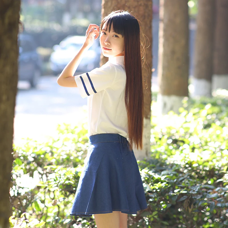 春夏韓国女子高生制服白tシャツショートデニムスカートセット高 中女子高生パフォーマンス学生制服 School Uniforms Aliexpress