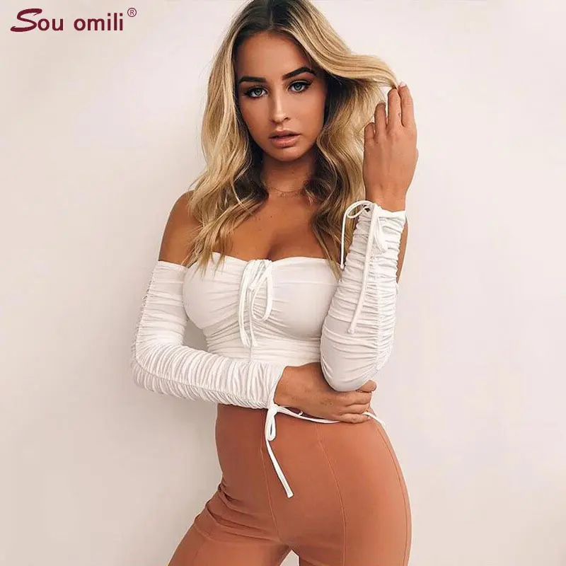 

Vintage Off Shoulder Top tshirt Women Sexy Crop Tops Lacing tshirts Ruched Pleated White T-shirt Women Chemise bardot culotte