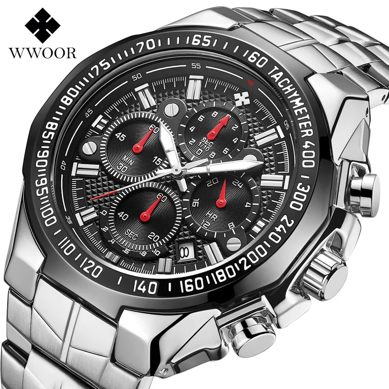 

WWOOR Men Quartz Watch Fashion Top Brand Sports Watches Fashion Luxury Stainless Steel Waterproof Men Watch Relogio Masculino