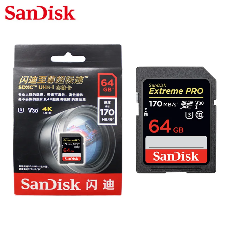 Двойной флеш-накопитель SanDisk SD Card 64 Гб 128 256 V30 Max чтение Скорость 170 МБ/с. Class 10 U3 UHS-I Extreme Pro карты памяти 4K для Камера