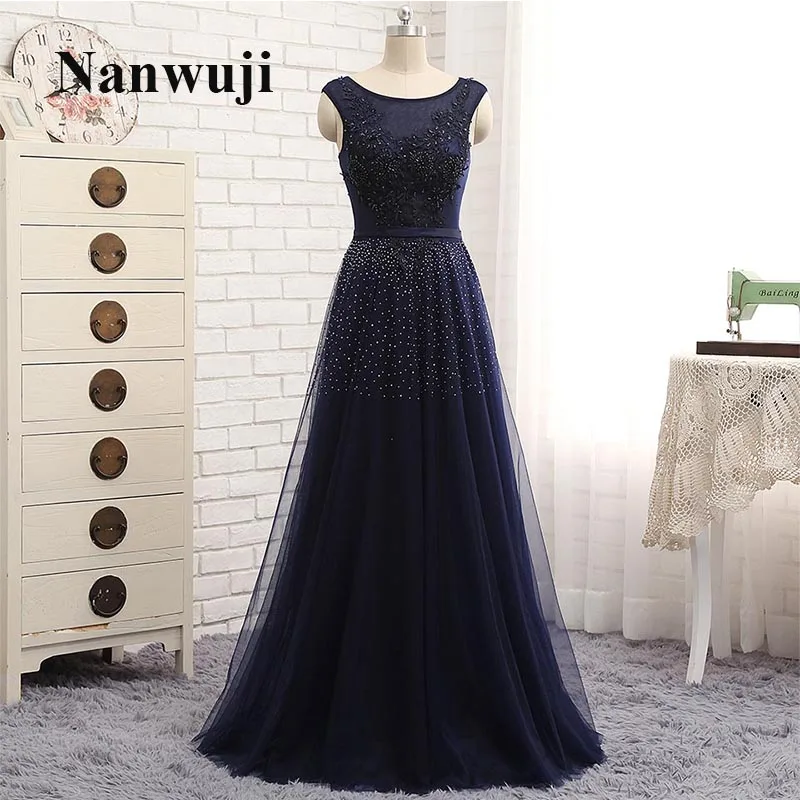 

Real Sample Scoop Sleeveless Beadings And Crystals Navy Blue Eevening Dress Tull Prom Dress Long Formal Dress