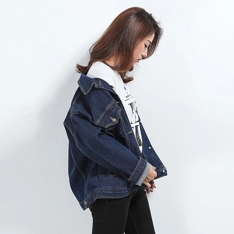 LEIJIJEANS 2018 Spring Plus Size Solid Vintage Blue Turn Down Collar Full Sleeves Standard Outwear Loose Women Denim Jacket 5630