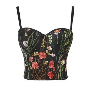 

Summer Women Flower Embroidery Crop Tops Sexy Camis for Night Club Ballroom Vest