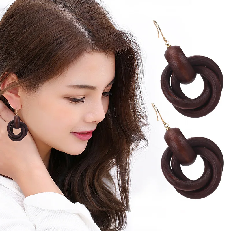 

KEJIALAI Round Spiral Fashion Wood Earrings for Women Circle Wood Drop Dangle Earrings National Ethnic Earrings HJ-SJR1729