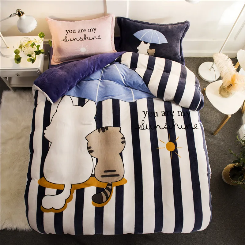 

Modern winter thick warm cartoon fashion Falais 3PCS bed linen quilt cover men and women children coral fleece large bedding set