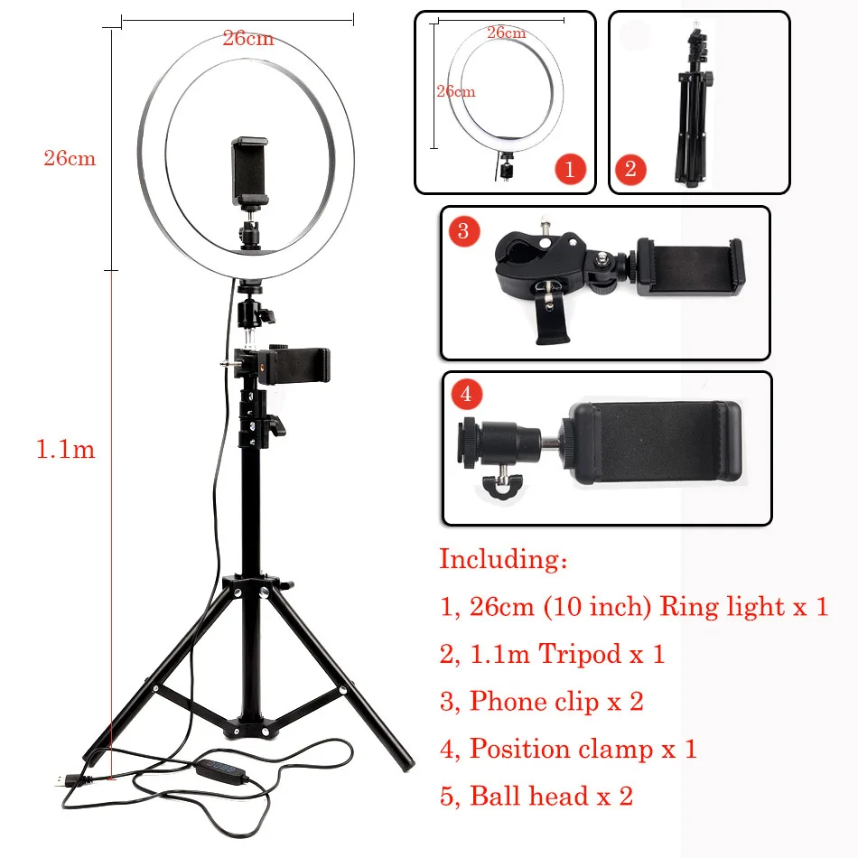 Dimmable 1" 26 см светодиодный кольцевой светильник, камера, смартфон, видео светильник, лампа для макияжа, Youtube, видео-съемка, Набор держателей для телефона - Цвет: Белый