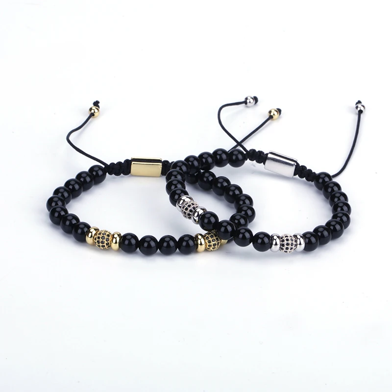 

Brand Design Pure Gold Silver Color Round CZ Zirconia Paved Beads Charm Glossy Black Onxy Stone Braided Macrame Bracelet Unisex