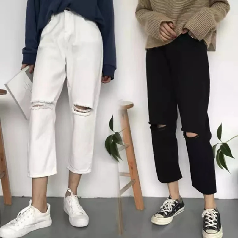 Женские джинсы, свободные, высокая талия, широкие ноги, простые, подходят ко всему, трендовая женская уличная одежда, высокое качество, с дырками, удобные, с карманами, брюки