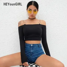 HEYounGIRL с открытыми плечами черная футболка женская s Лоскутная цепь с длинным рукавом рубашка Женская укороченный Топ хлопок сексуальные футболки хип хоп