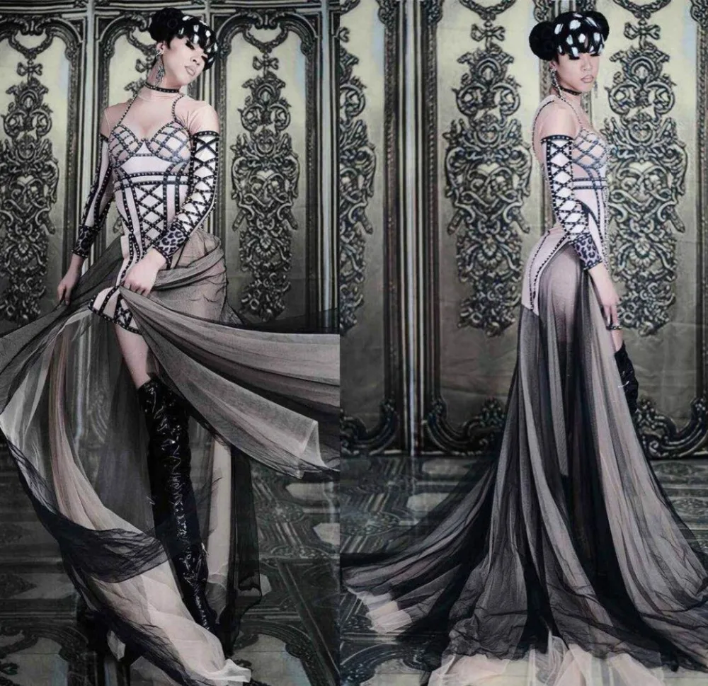 

Lady Singer Stage Wear 3D Printed Rivet Long Dress Nightclub Bar Dancer Performance Costume One Piece Long Sleeve Trailing Dress