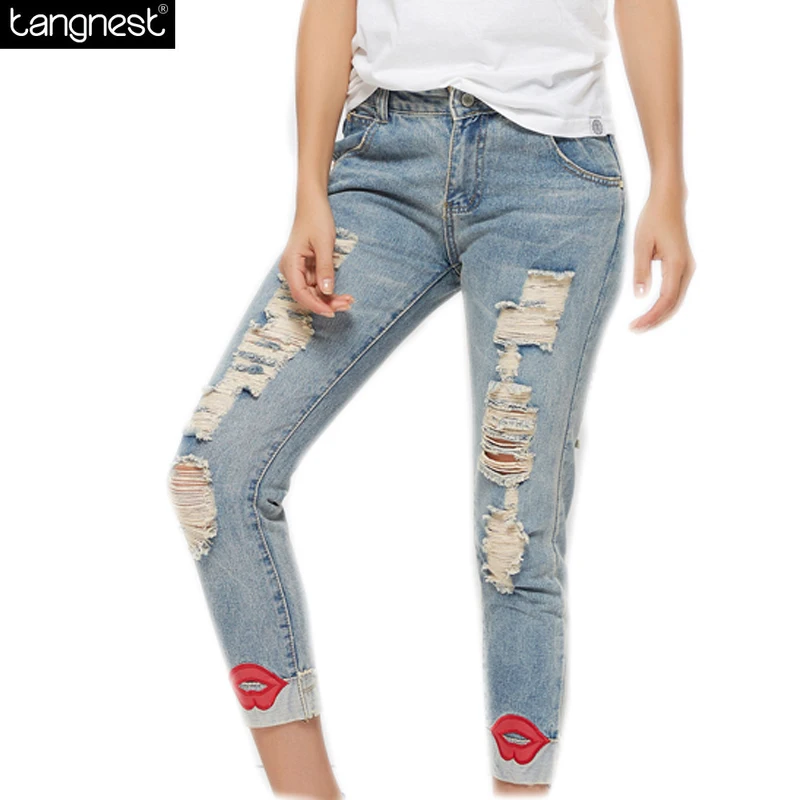 TANGNEST Red Lips JEANS Women Summer Spring New Fashion High Waist