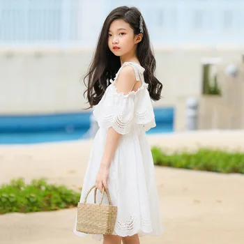 

2020 New Spring Summer White Girls Off Shoulder Dress Wedding Tulle Short Sleeve Girls Lace Dresses Robe Fille Kids Dress 10 12