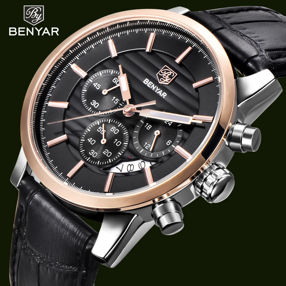 

BENYAR Men's Watch Chronograph Sport Watches Leather Strap Man Quartz Wristwatch Waterproof Analog Men Clock Relogio Masculino
