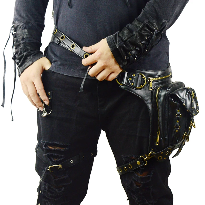 Steampunk Multi-function Men Shoulder Crossbody Bags Male Leather Bag Casual Messenger Bag Gothic Black Travel Waist Pack