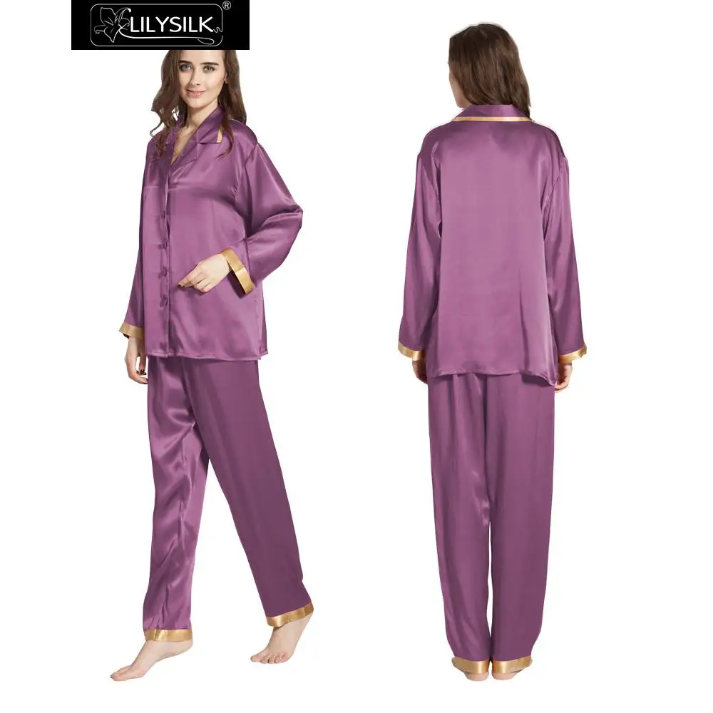 LilySilk пижамы шелковая женская костюм комплект белье ночное шорты 22 Momme с длинным рукавом золотые Запонки свадебные - Цвет: Violet