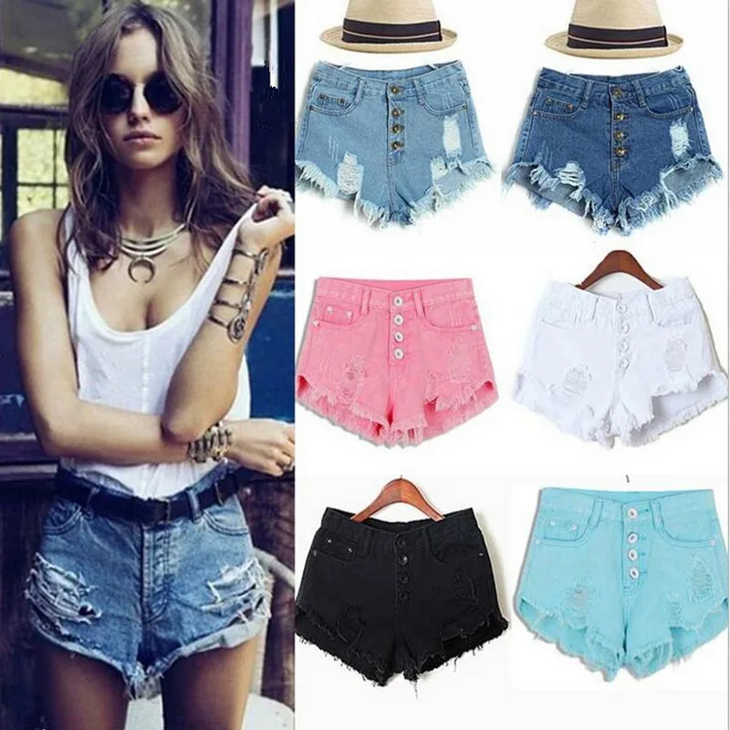 2016 summer casual high waist ripped jeans shorts multi color single ...