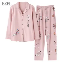 BZEL Хлопковая пижама с длинным рукавом Пижама для женщин мультфильм лиса Домашняя одежда розовый Pijama Mujer сна Lounge Досуг Домашняя одежда M-3XL