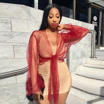 

Sexy Beaded Cover Ups See through Tops Patchwork Hot Women Long Sleeve Shirt Casual Blouse Loose Mesh Sheer Tops T Shirt