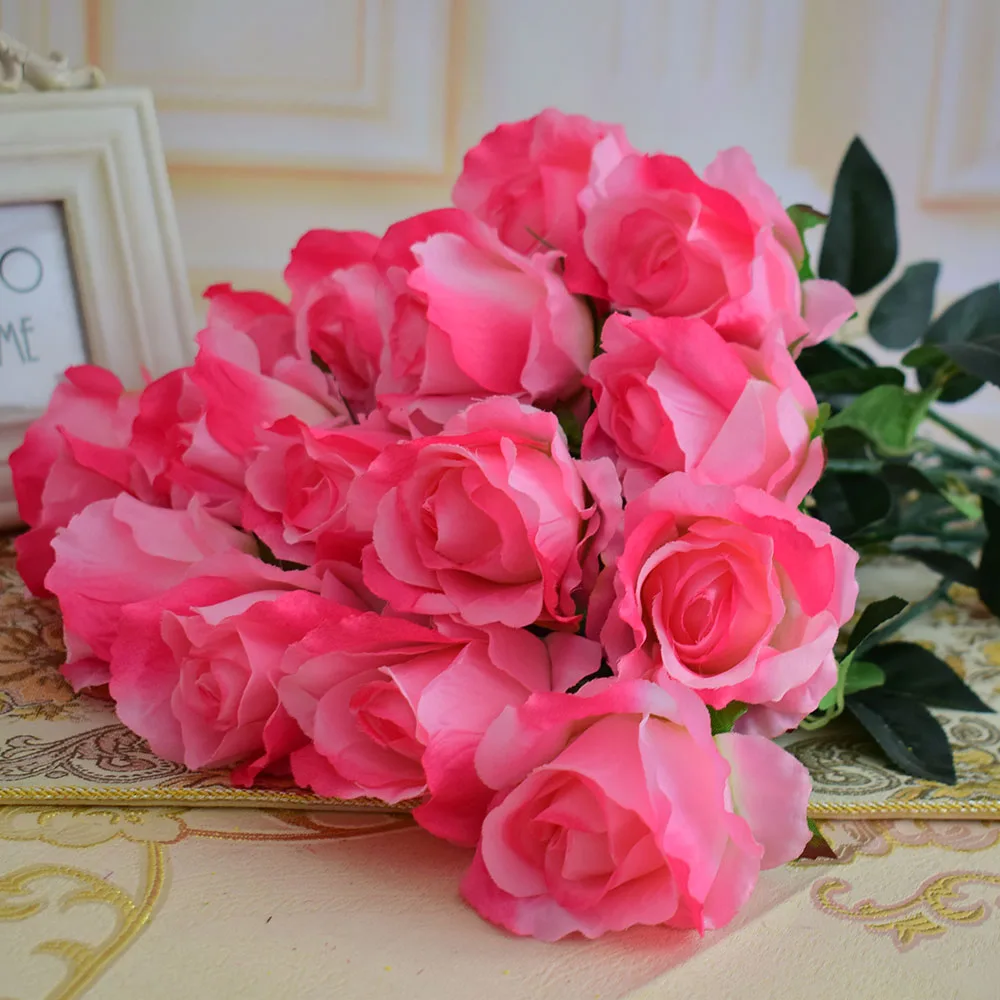 17 шт. искусственные цветы, шелковые розы для дома, вечерние, свадебные, новогодние украшения подарки, синий, розовый, белый, фиолетовый, красный - Цвет: A pink