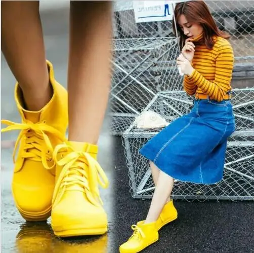 

Ladies Lace Up Waterproof Flats Ankle Rain Boots Shoes Rubber Yellow Black Big Size S140