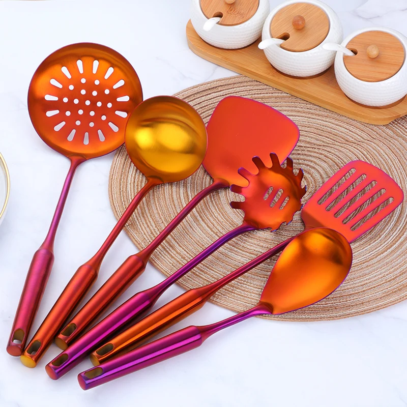  7PCS/Set Stainless Steel Rainbow Kitchen Utensils With Holder Cooking Tools Set Turner Ladle Spoon  - 32963673698