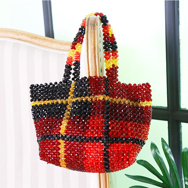 

Fashion Women's Handbag Vintage Acrylic Beaded Plaid Tote Bag Handmade Woven Leisure Travel Summer Luxury Women Bags Designer