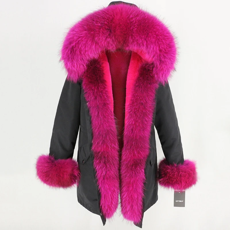 OFTBUY, пальто с натуральным мехом, зимняя куртка для женщин, натуральный мех енота, капюшон, водонепроницаемая, длинная парка, съемная, уличная одежда, роскошные парки, теплые - Цвет: black rose