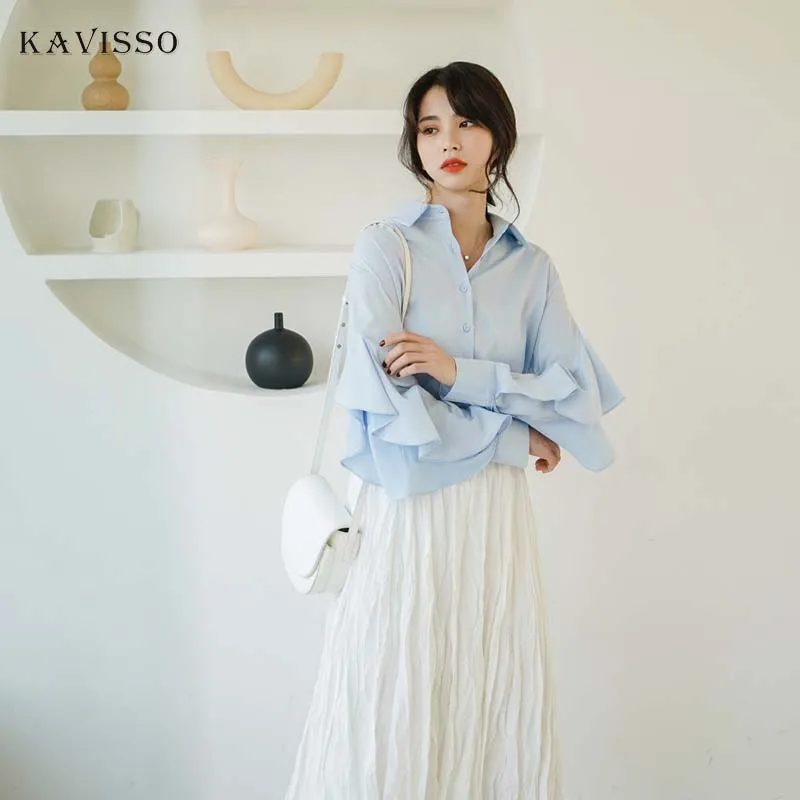 

KAVISSO new high quality womens tops and blouses 2019 Korean spring elegant ruffles sleeve casual ladies shirt white blue blusa