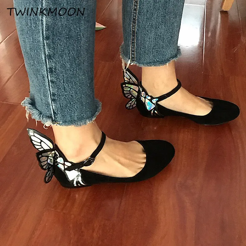 Mary/джинсовая обувь с крыльями бабочки; женская обувь на плоской подошве; дизайнерская обувь из флока с круглым носком; Цвет Черный; обувь с пряжкой на лодыжке; zapatos de mujer