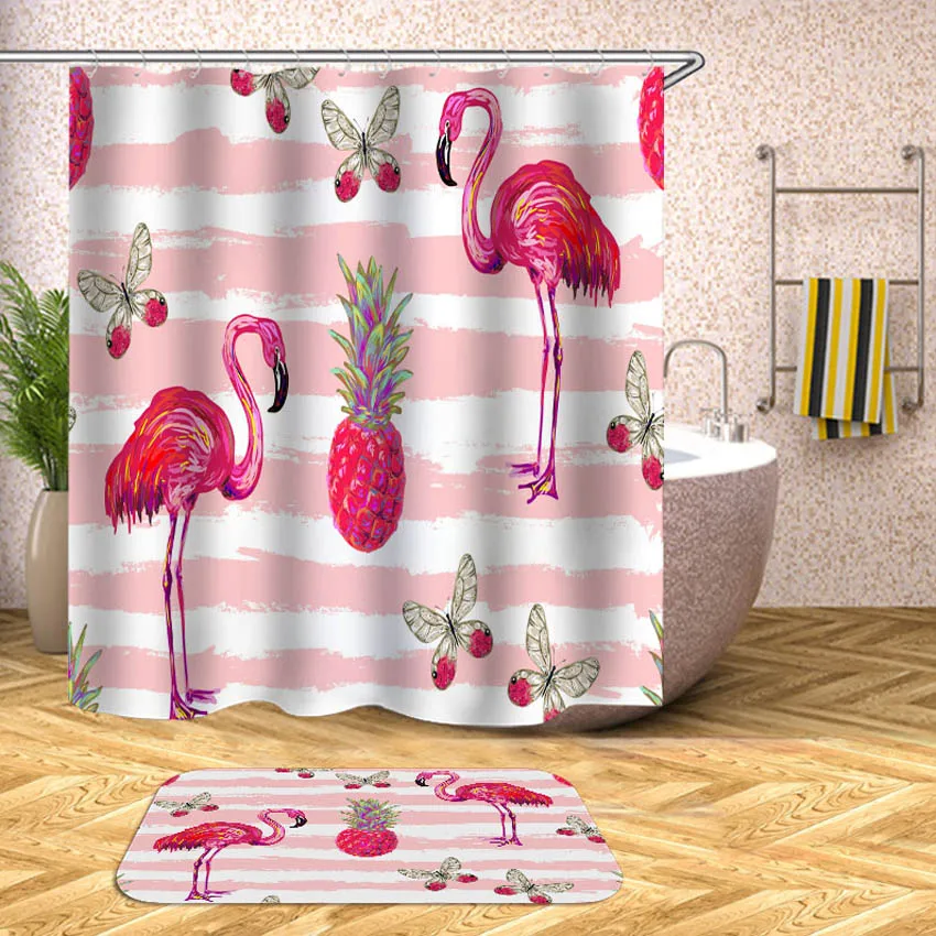 

Floral Flamingo Shower Curtain Flowers Print Waterproof Bath Curtains for Bathroom Bathtub Bathing Cover Large Wide 12pcs Hooks