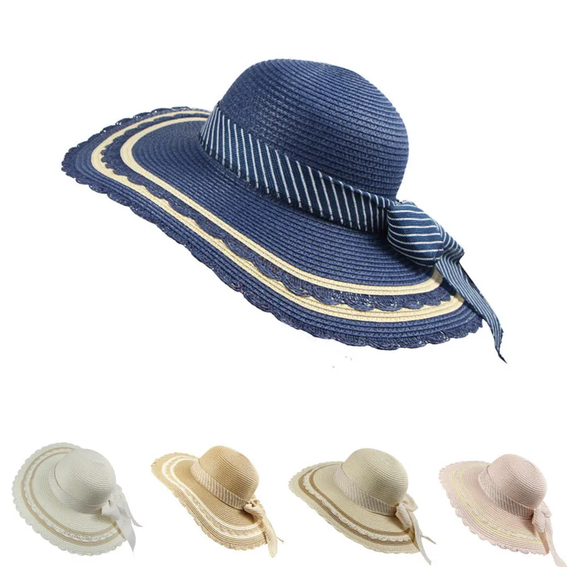 Spring And Summer Women Sunshade Lace Bow Wide Brim Big Straw Hat Womens Beach Casual Sun Daxie Straw Hat H14 (1)