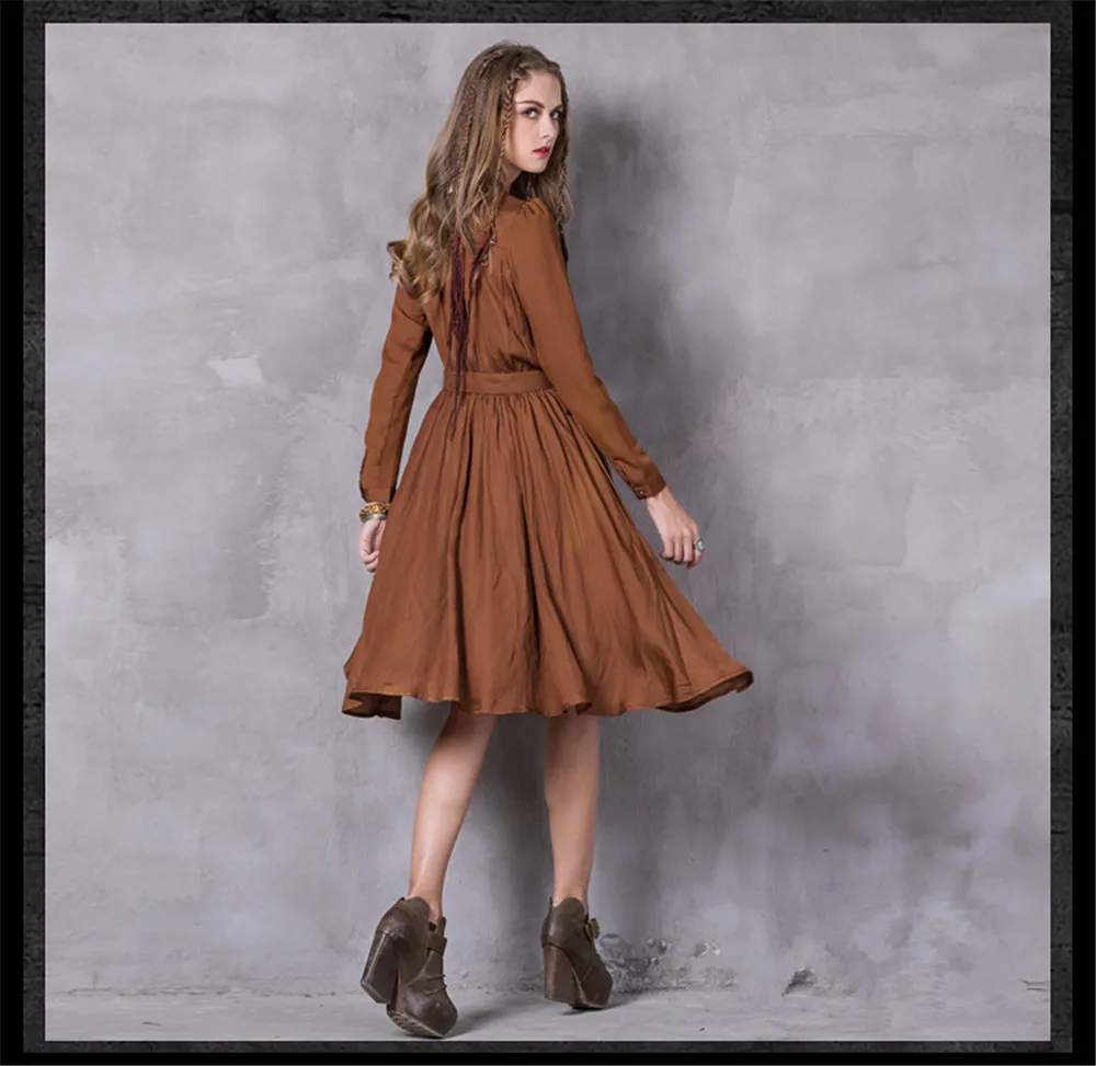Vintage Autumn Women Dress 2017 Polyester Cotton Long Sleeve Stand Collar Belted A-line Pleated Dresses Vestidos Feminino (18)