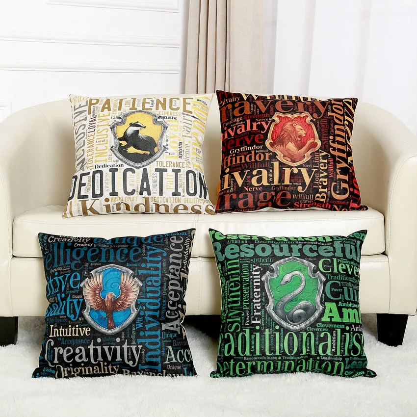 

Harry Potter Hogwarts 4 Houses Logo Sign Yellow Blue Green Red Home Decor Square Sofa Cushion Cover Rectangle Waist Pillow Case