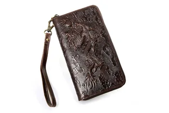 

2019 men100% genuine leather clutches handmade purse Vintage Cowhide long wallet for men dragon tiger design FREE SHIPPING