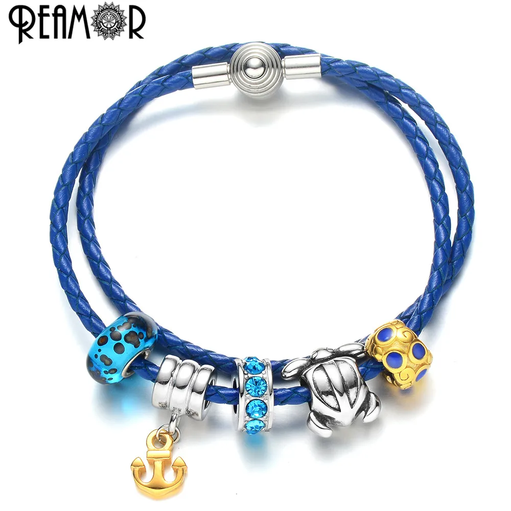 

REAMOR Fashion Blue Women Charm Bracelets Anchor Charms Multilayer Leather Rope Chain Bracelet Beaded Clasp Bracelet For Women