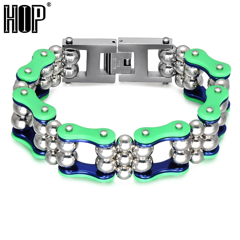 

HIP Mens Bicycle Motorcycle Chain Bracelet Casual Brand Green 316L Stainless Steel Bead Bracelets & Bangle for Men Women Jewelry
