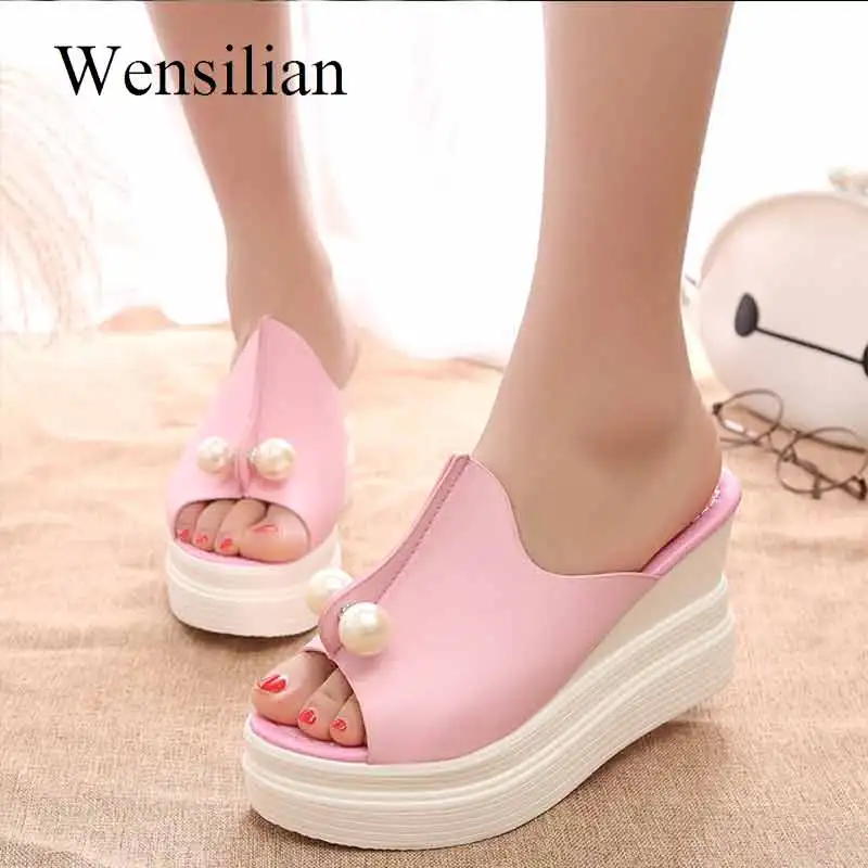 Skup Letnie klapki damskie klapki plażowe koraliki kliny sandały damskie slajdy kliny grube obcasy sandalias mujer 2019