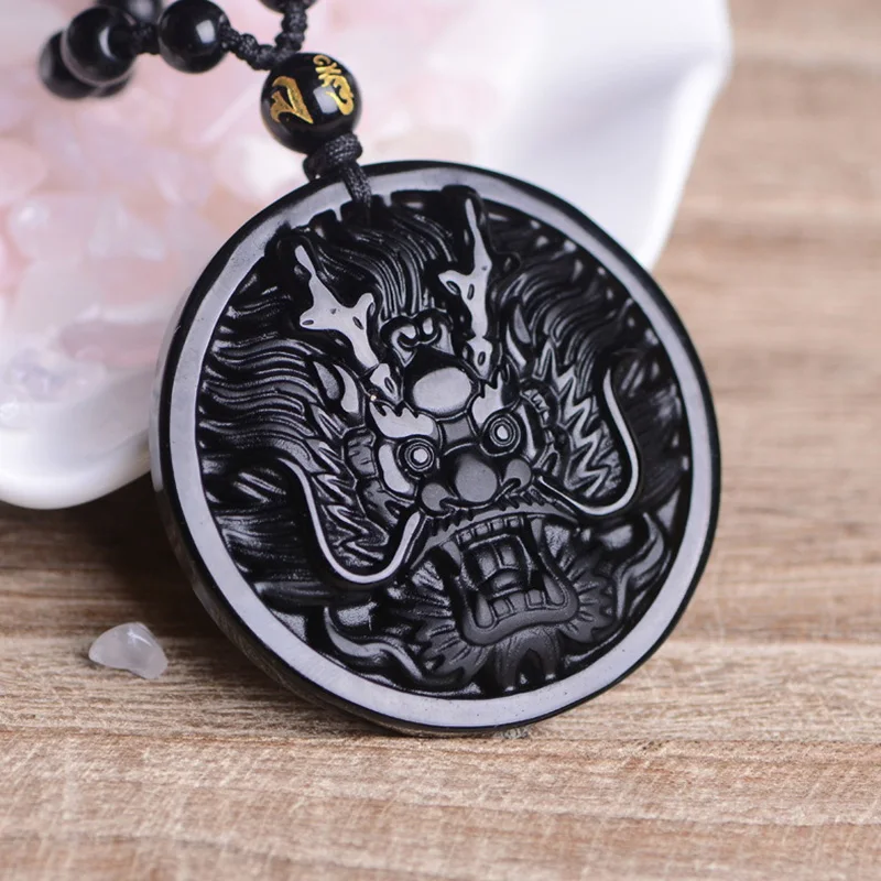 

Natural Black Obsidian Dragon Carved Round Pendant Necklace For Men And Women Amulets And Talismans Domineering Jewelry