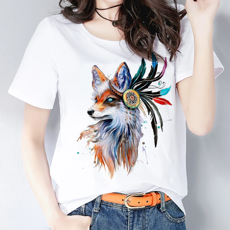 

Fox Print Ladies Graphic Shirt Cute Fashion Tops ins 2019 Summer T-Shirt Women Tops Short Sleeve Graphic Casual Tshirt Femme