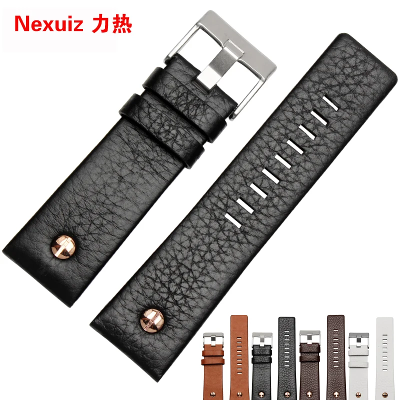 Men's Black Leather Watch Band with Stainless Steel Buckle