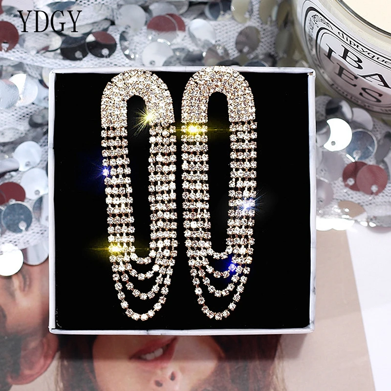 

YDGY Luxury Wedding Shiny Rhinestone Earring For Women Fashion Statement Long Tassel Earrings Party Jewelry Wholesale