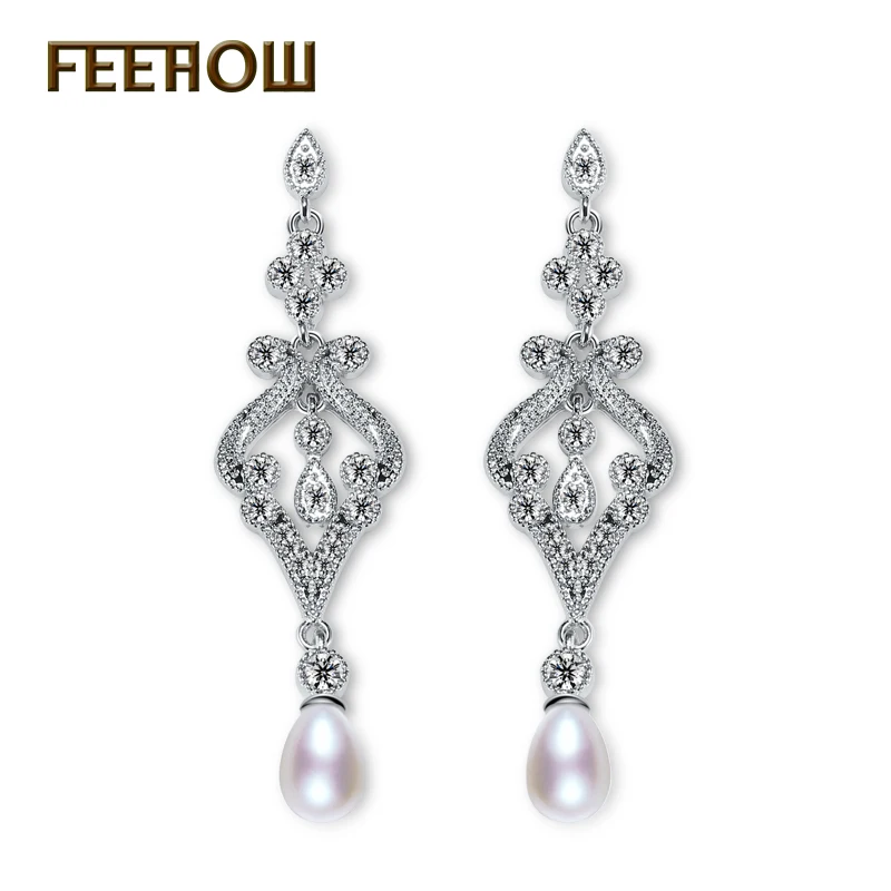 

FEEHOW Gorgeous Sliver Color Hollow Out Water Drop Micro Inlay Cubic Zirconia Crystal Imitation Pearl Dangle Earrings FWEP215