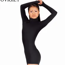 OVIGILY женский купальник с длинным рукавом и вырезом под горло, с дырками для больших пальцев, для взрослых, черный, цельный, для танцев, гимнастики, комбинезон, Одежда для танцев на молнии