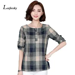 Рубашка в клетку для женщин из хлопка и льна блузка Осень 2017 г. с длинным рукавом в клетку рубашки для мальчиков корейский стиль Женский