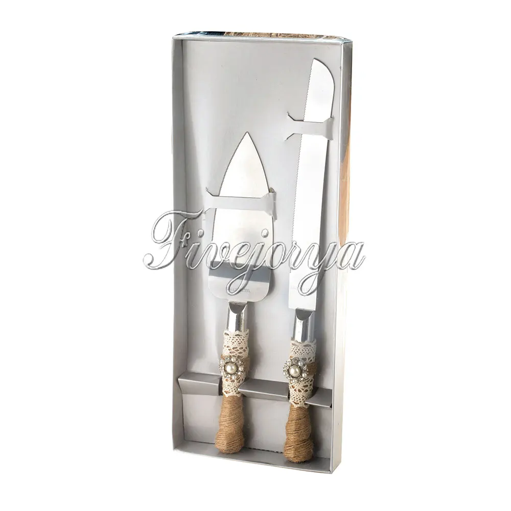 Rustic Wedding Cake Knife and Server Set Stainless Steel Burlap Fabric