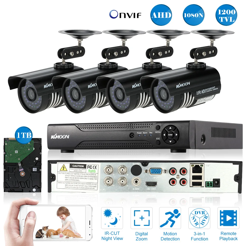 KKmoon 4CH 1080P DVR CCTV Системы 3,6 мм 4 шт. Открытый ИК Водонепроницаемый CCTV Камера 1200TVL домашней безопасности Системы комплект видеонаблюдения 1 ТБ