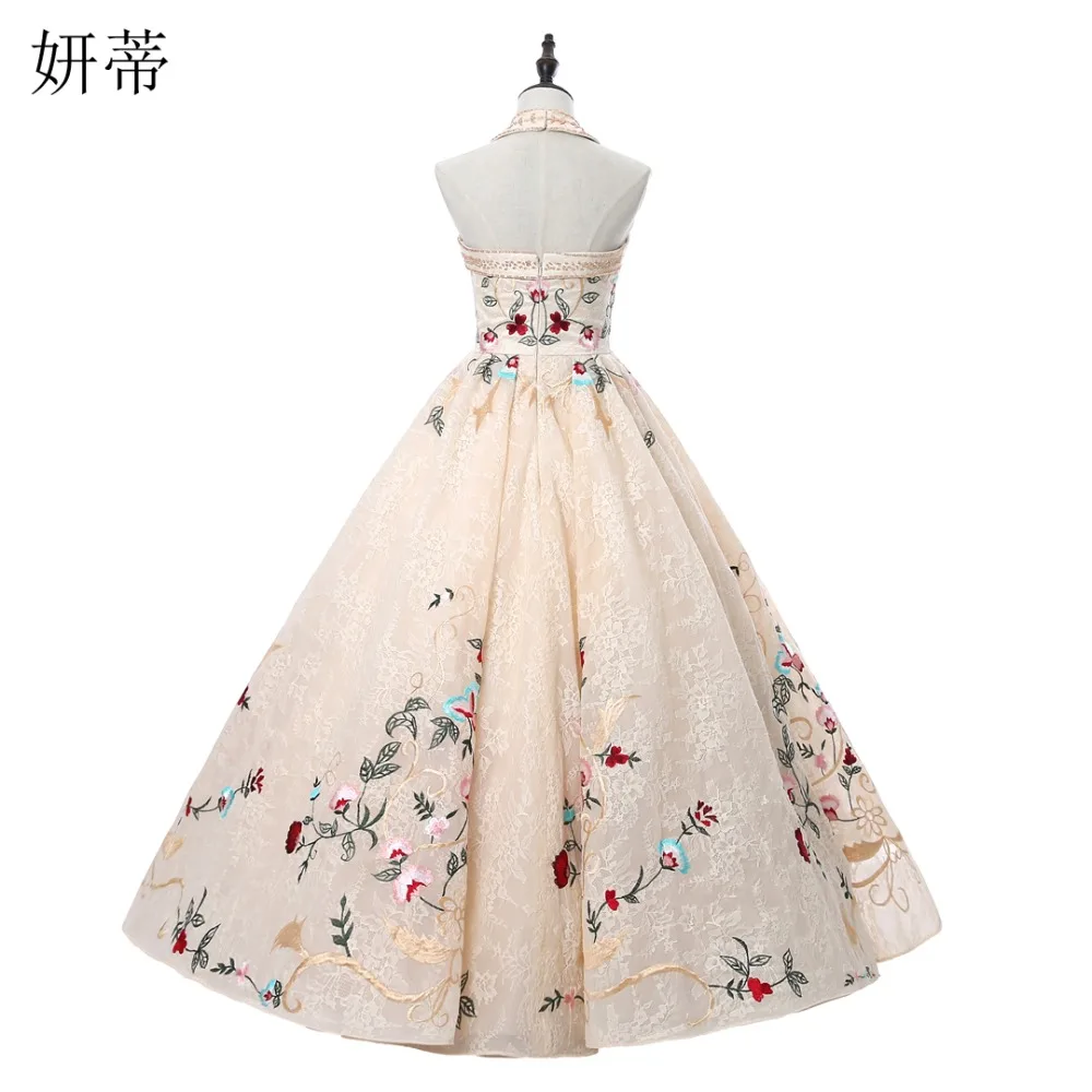 

Elegant Vintage Princess Multicolor Embroidery Flower Evening Prom Party Dress Beading Halter Lace Applique Ball Gown Champagne