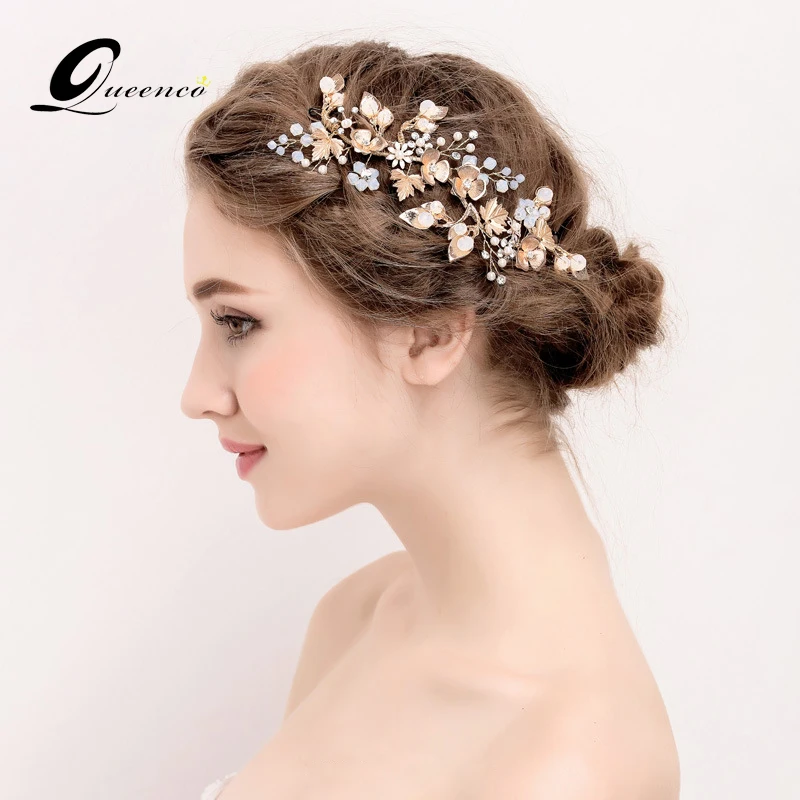 Gold Flower Hair Accessories Wedding Bridal Headpiece With Pearls Rhinestones Floral Bridal Hair